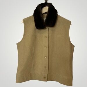 Talbots faux fur collar wool vest in tan